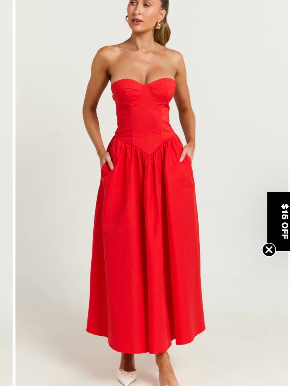 Showpo Bold Red Strapless Midi Dress with Fitted Corset - Picture 2 of 6